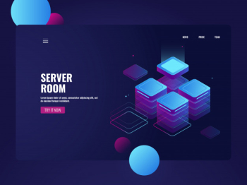 Network server room and datacenter isometric, cloud data storage, processing big data