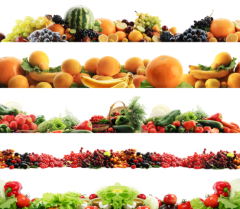 High quality collection of fruits and vegetables borders on a white background