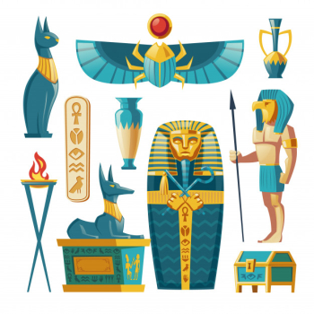 Egyptian set - pharaoh sarcophagus, ancient gods and other symbols of culture.