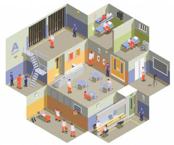 Jail detention facility interior isometric composition with prisoners in cells canteen gym and visitation area illustration Free Vector
