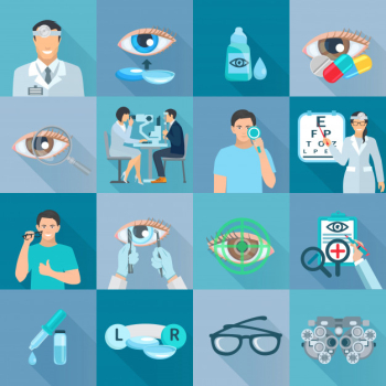 Ophthalmologist clinical treatments tests and vision correction flat icons collection with glasses a