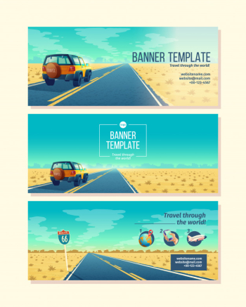 banner template with desert landscape. Travel concept with SUV on asphalt way to canyon