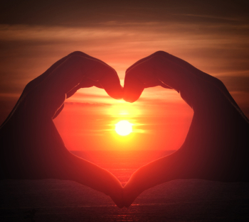  Hand silhouette in heart shape with sunset in the middle and oce 