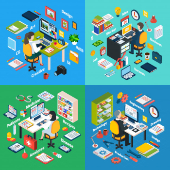 Professional workplace isometric icons square