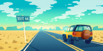 cartoon landscape of barren desert with long highway. Car rides along asphalt road to canyon
