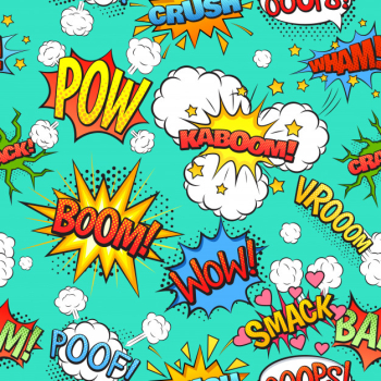 Comics speech and exclamations boom wow bubbles clouds seamless pattern with bright green background