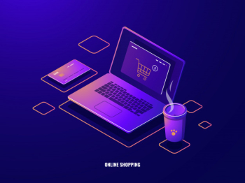Online shopping isometric icon internet purchase, laptop with shop basket on screen, online payment