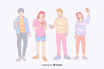 Young people holding smartphones in korean drawing style Free Vector