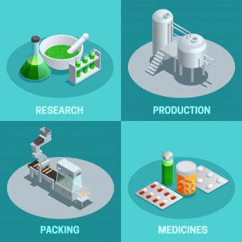 Isometric compositions of pharmaceutical production steps like research production packing and end product medicines vector illustration Free Vector