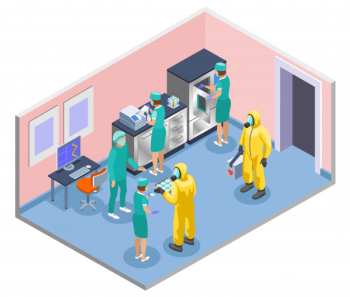 Microbiology isometric and colored composition with scientists in lab coats and medical masks illustration Free Vector