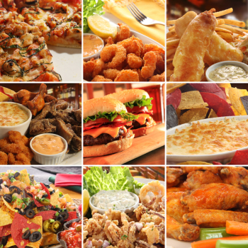 Collage of pub food including cheese burgers, wings, nachos, fries, pizza, ribs, deep fried prawns and calamari.