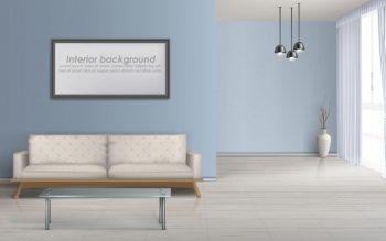 Modern living room minimalistic design spacious interior realistic vector mockup with laminate floor