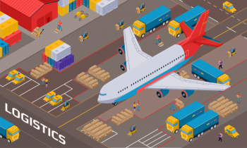 Airplane during logistic delivery on  of warehouse with staff vehicles and packages isometric Free Vector