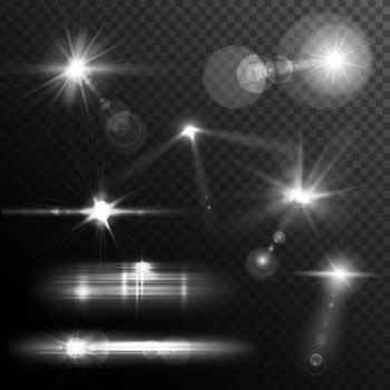 Realistic lens flares star lights and glow white elements on transparent background Free Vector