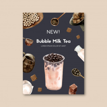 Matcha and brown sugar bubble milk tea set, poster ad, flyer template, watercolor illustration Free Vector