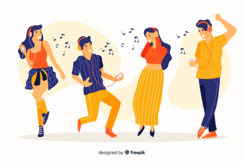 Set of people listening music and dancing illustrated Free Vector