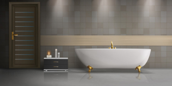 Modern bathroom interior design realistic mockup with white, ceramic freestanding bathtub