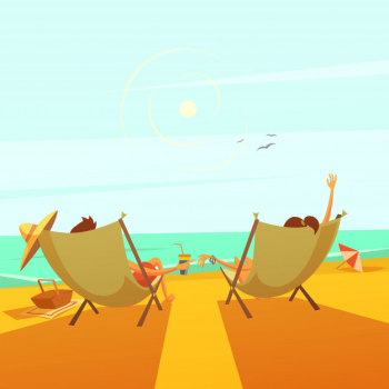 Beach rest background with a couple in chaise lounges at sea