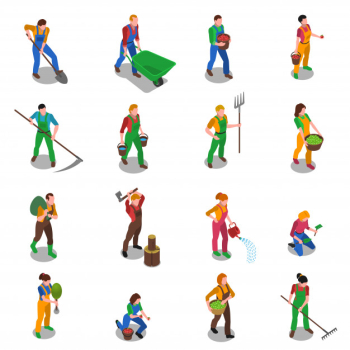 Farmers at work isometric icons set
