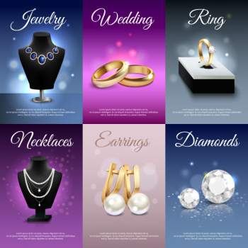 Colorful jewelry realistic banners with necklaces rings earrings diamonds