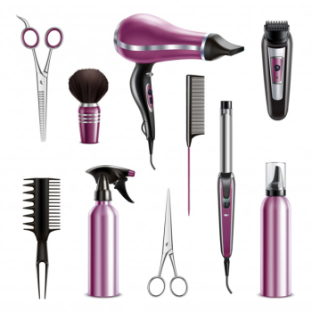 Hairdresser tools realistic set with hairdryer combs scissors trimmer sprayer  pump dispenser electric curler isolated Free Vector