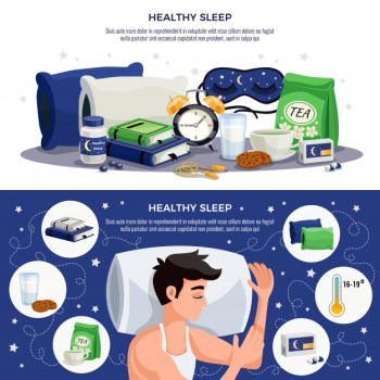 Healthy sleep horizontal banners with young man sleeping on orthopedic pillow soothing tea mask books with recommendations for healthy lifestyle Free Vector