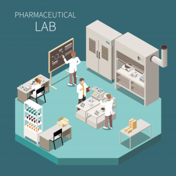 Pharmaceutical production isometric composition with pharmaceutical lab headline and three scientist in the lab  illustration Free Vector