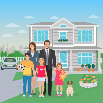 Color flat illustration big happy family with dog in the yard