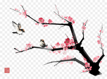 Ink wash painting Gongbi Bird-and-flower painting - Creative Chinese painting plum PNG 