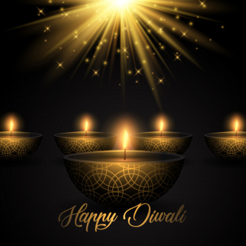 Diwali background with oil lamps on starburst background