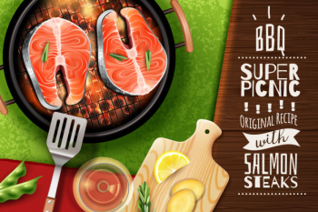Realistic background with grilled salmon steak Free Vector