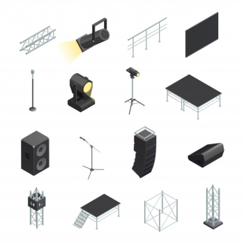 Isometric icons set of stage elements different stands with microphones spotlights speakers