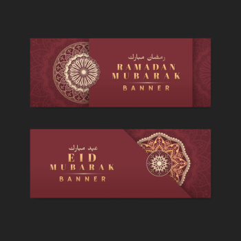 Red and gold eid mubarak banners vector set