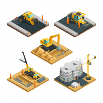Isometric building and road construction compositions set with transport equipment and workers isola