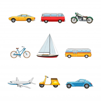 Comic flat transport images set of cars van motorcycle bicycle yacht bus airplane scooter isolated v
