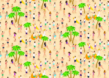 Isometrics seamless background, 3d girls and men relaxing on the beach, beach party, ibiza, party, palms.