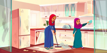 Two arabian ladies clean kitchen