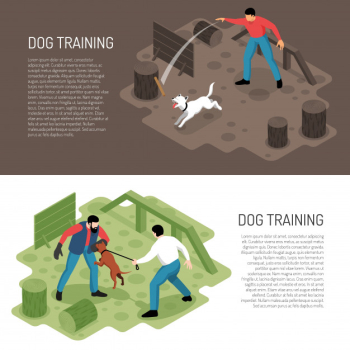 Cynologist dog training isometric horizontal banners with park playground specific tasks learning activities ddescription vector illustration Free Vector