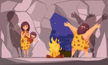 Cartoon illustration with caveman family dressed in animal pelt collected around the fire in cave Free Vector