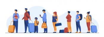 Group of tourist with luggage standing in line Free Vector