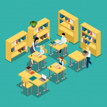 Education middle school classroom isometric banner