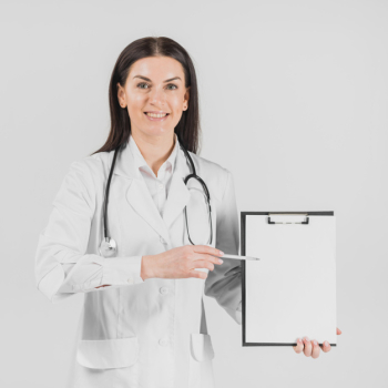 Doctor woman showing on clipboard