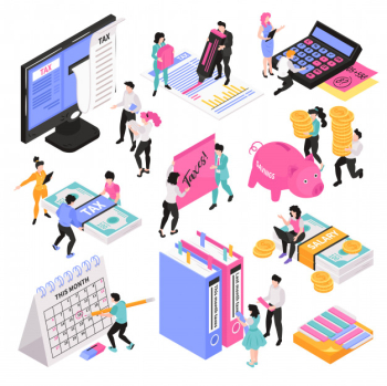 Isometric accounting set of conceptual images with little people characters and various workspace objects and items vector illustration Free Vector