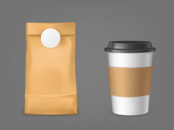 Coffee bag and disposable cup Free Vector