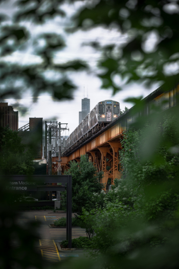 Vertical shot of a train on the bridge Free Photo