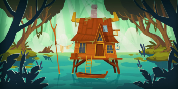 Stilt house in swamp with boat Free Vector