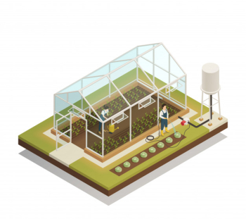 Greenhouse facility irrigation isometric composition Free Vector