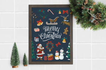 Merry christmas poster in a frame mockup Free Psd