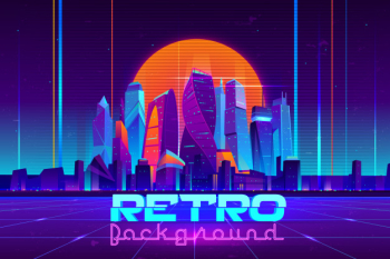 Retro background in neon colors cartoon  with illuminated future city skyscrapers buildings Free Vector
