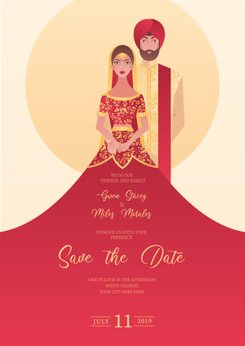 Indian wedding invitation with characters